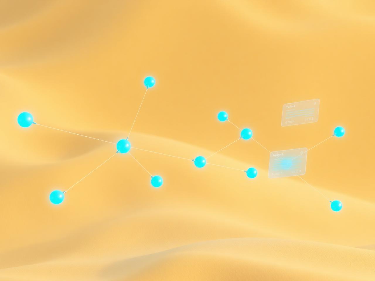 Abstract data flow visualization with glowing blue nodes on warm sand backdrop