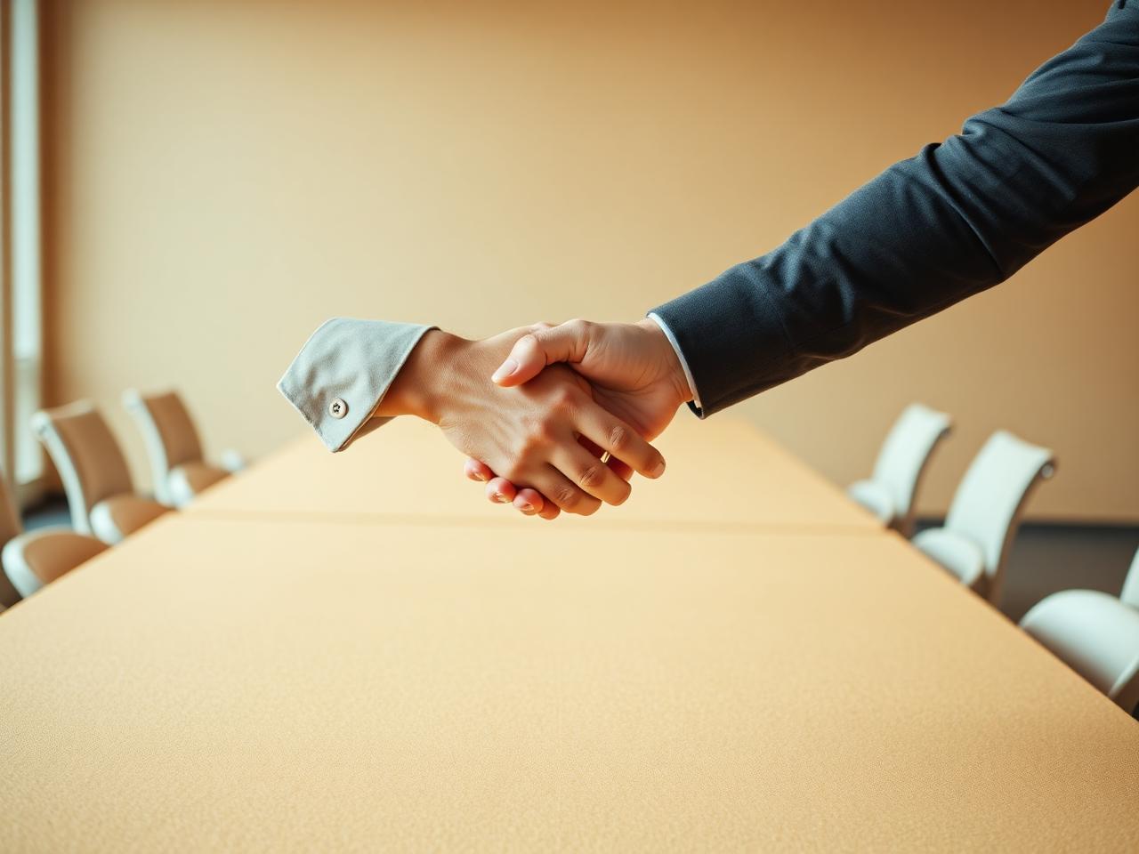 Handshake across a warm-toned conference table